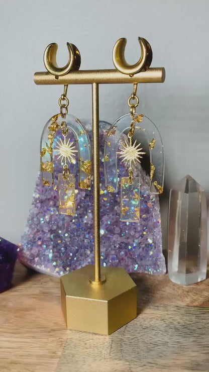Gold Adorned Acrylic U-Shaped Earrings w/ Sun Pendant