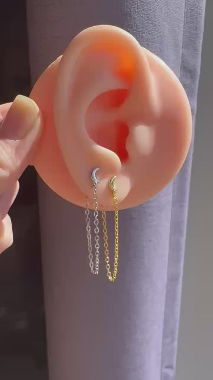 Silver or Gold Crescent Moon Chain Earrings