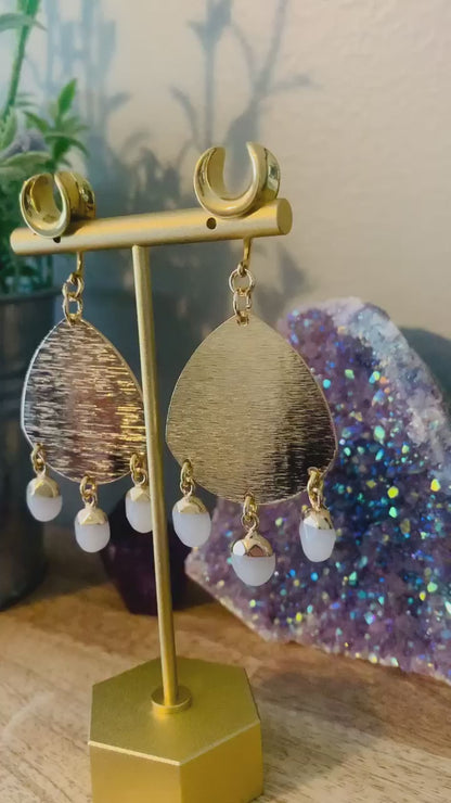 Brushed Gold Dangles w/ White Jade Drops Plug Earrings