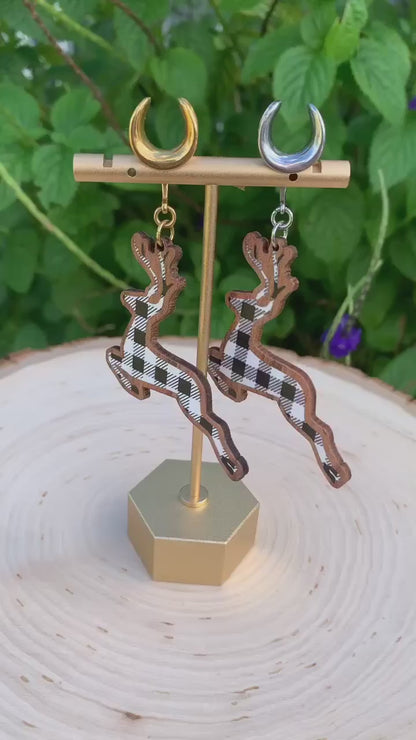 Plaid Prancing Reindeer Plug Earrings