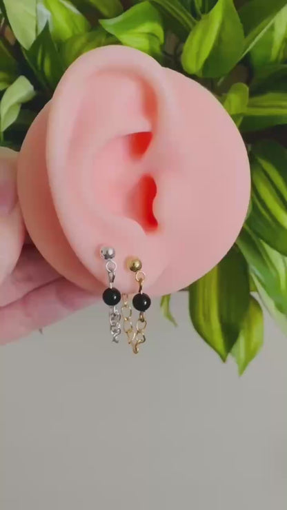 Silver or Gold Chain Ball Post with Onyx Detail Earrings