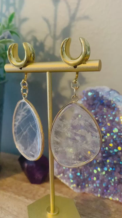 Clear Quartz Slice Earrings With Gold Trim