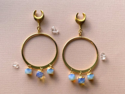 18k Gold Hoops w/ Glowing Opalite Gems Plug Earrings