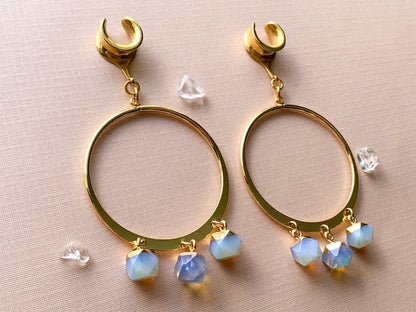 18k Gold Hoops w/ Glowing Opalite Gems Plug Earrings