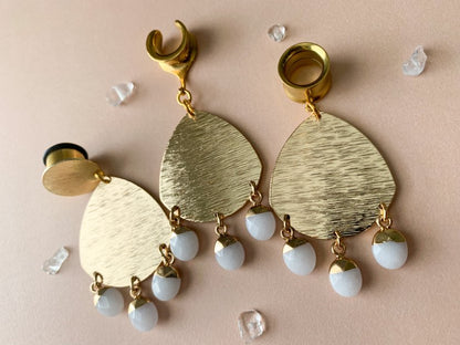 Brushed Gold Dangles w/ White Jade Drops Plug Earrings