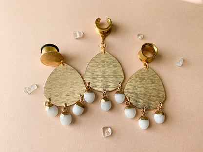 Brushed Gold Dangles w/ White Jade Drops Plug Earrings
