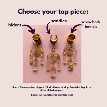 Gold Adorned Acrylic U-Shaped Earrings w/ Sun Pendant