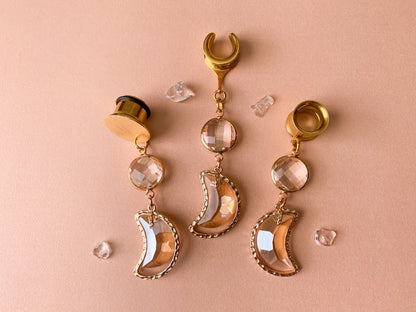 Glass Jeweled Crescent Moon Earrings in Gold Tone Plug Earrings
