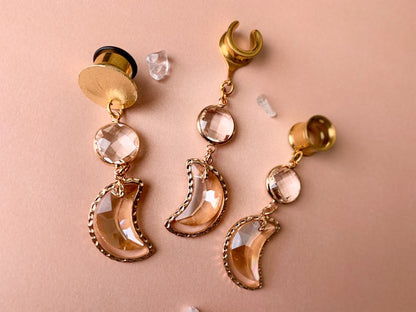 Glass Jeweled Crescent Moon Earrings in Gold Tone Plug Earrings