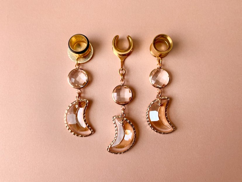 Glass Jeweled Crescent Moon Earrings in Gold Tone
