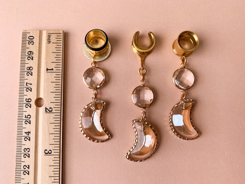 Glass Jeweled Crescent Moon Earrings in Gold Tone