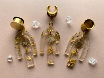 Gold Adorned Acrylic U-Shaped Earrings w/ Sun Pendant Plug Earrings