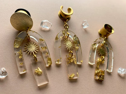Gold Adorned Acrylic U-Shaped Earrings w/ Sun Pendant Plug Earrings