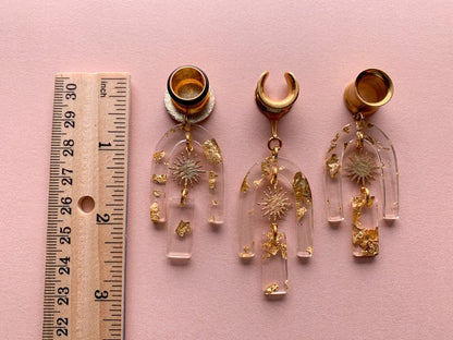 Gold Adorned Acrylic U-Shaped Earrings w/ Sun Pendant