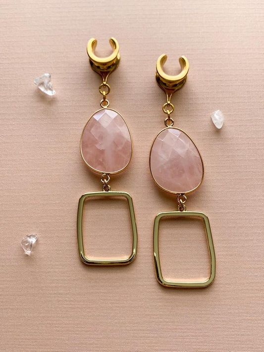 Pink Quartz With Gilded Square Dangle