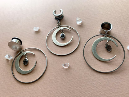 Silver Hoop With Gemmed Crescent Moon