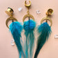 Teal Feather Earrings with Gold Brass Accents