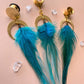Teal Feather Earrings with Gold Brass Accents