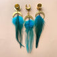 Teal Feather Earrings with Gold Brass Accents