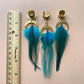 Teal Feather Earrings with Gold Brass Accents