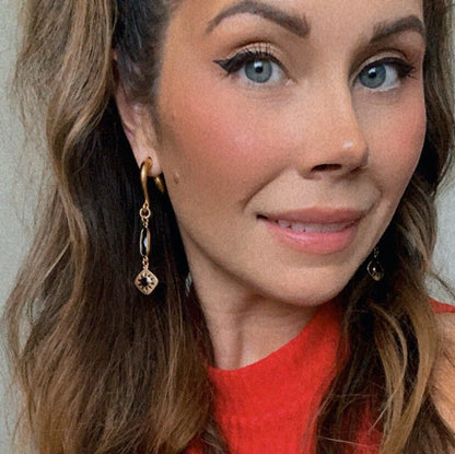 Gold Sun Dangles With Black Glass Accents