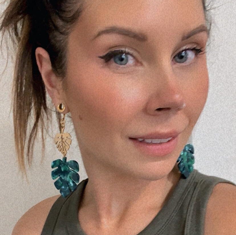 Two Tier Gold & Green Monstera Earrings